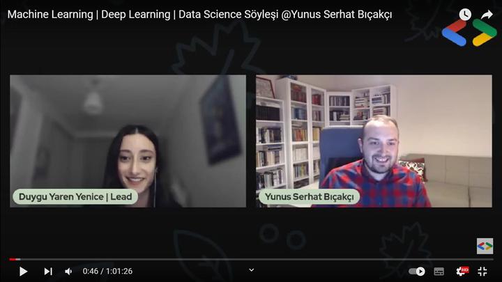 Video still of Duygu Yaren Yenice and Yunus Serhat Bıçakçı discussing machine learning and data science.